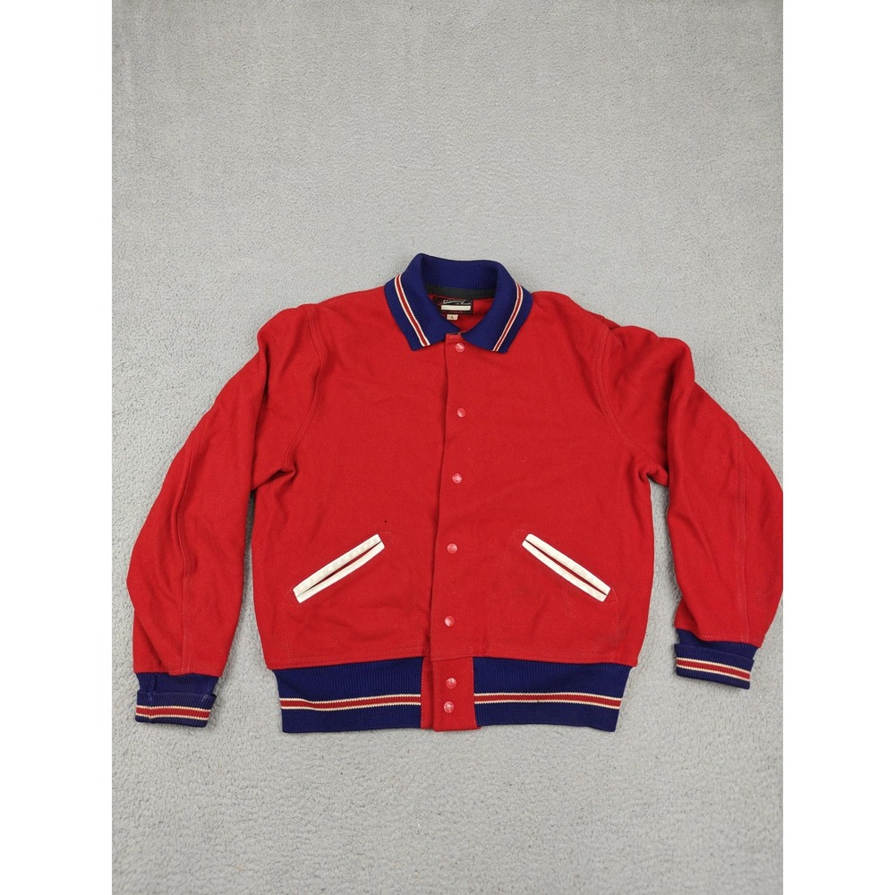 Vintage Whiting Jacket Mens 46 Large Red Wool Varsity Snap Front Rib Knit‎ Trim